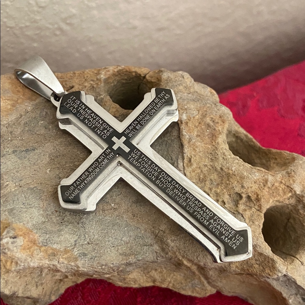 Stainless Steel Lords Prayer Cross Pendant